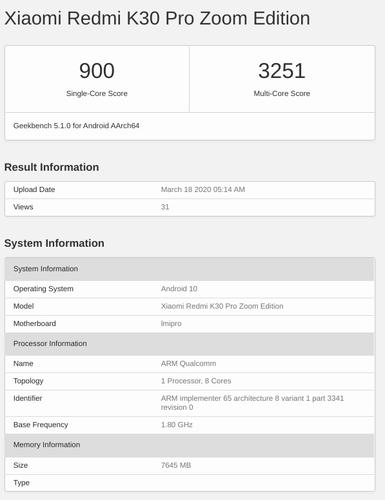 小米Redmi K30 Pro Zoom Edition达到了由Snapdragon 865和8 GB RAM供电的Geekbench