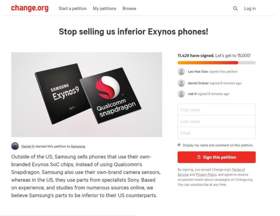 三星Exynos芯片组的请愿书正受到严重关注