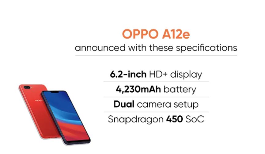 OPPO A12e配备4230mAh电池和双摄像头：规格价格