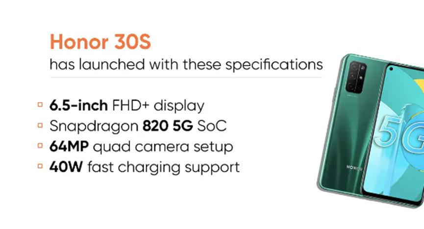 配备麒麟820 5G SoC和四摄像头的Honor 30S上市：价格规格
