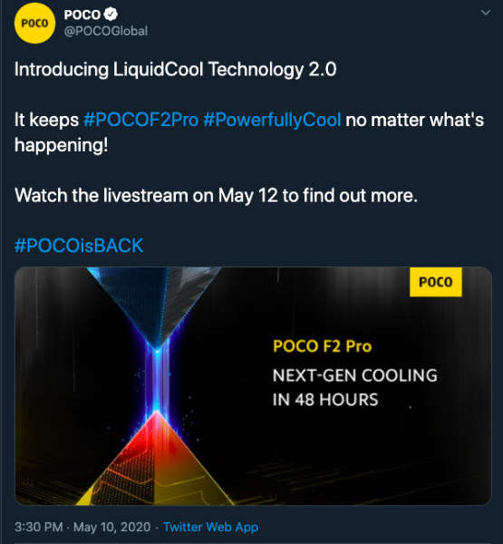 POCO F2 Pro液体冷却2.0技术在5月12日发布之前得到确认
