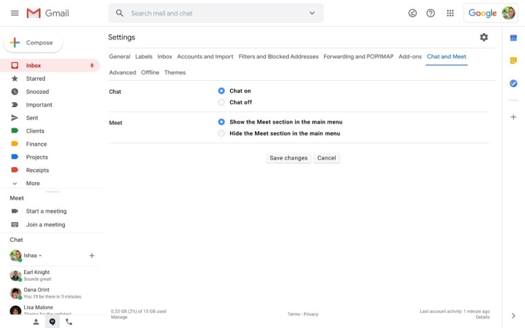 Google现在允许用户在Gmail中显示或隐藏“开会”选项