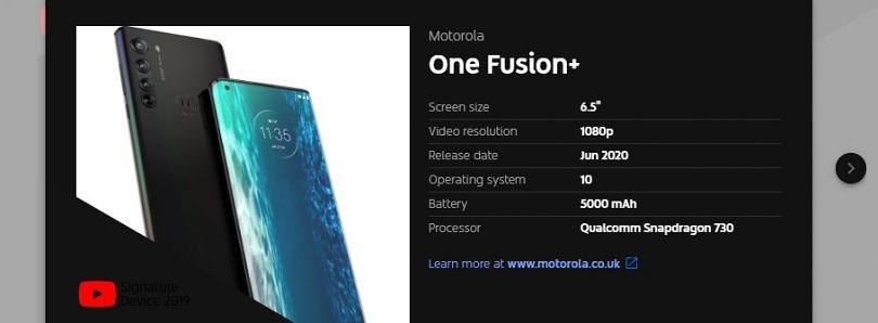 YouTube泄露了摩托罗拉One Fusion +的高通Snapdragon 730、5,000mAh电池和2020年6月发布日期