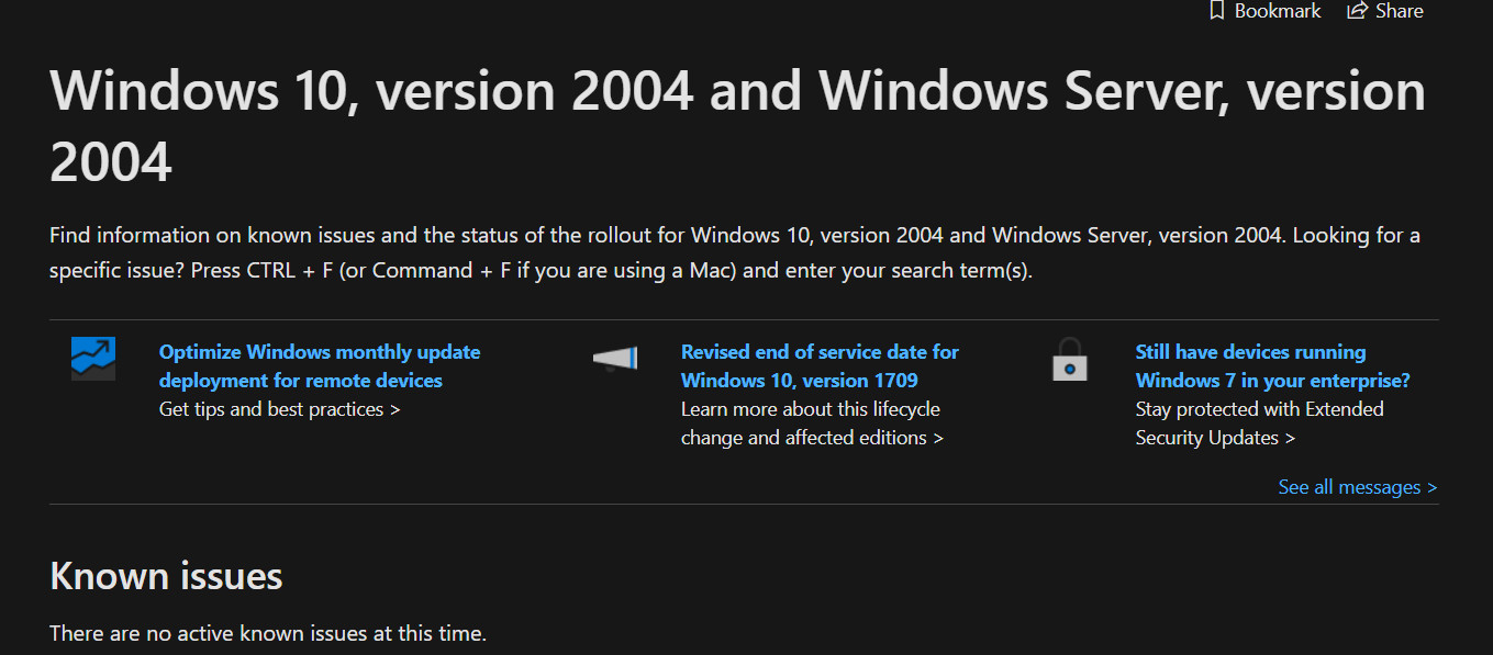 随着Microsoft发布发行信息页面，Windows 10版本2004即将推出