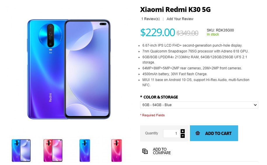 Redmi K30 5G智能手机降价，Giztop售价229美元