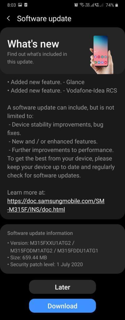 Galaxy M31 2020年7月安全更新带来了内容驱动锁屏壁纸服务Glance