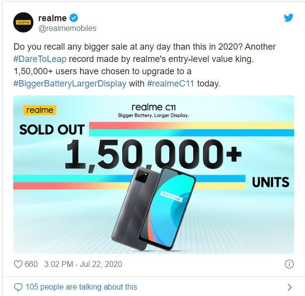 Realme在印度首次发布的2分钟内售出了超过15万个C11单元