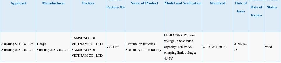 配备5,000mAh EB-BA426ABY电池的3C上出现了Galaxy A42 4G / 5G