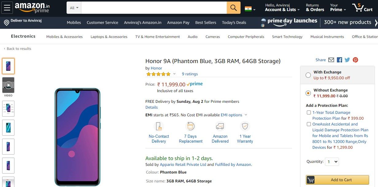 荣耀9A在Rs亚马逊印度上市 7月31日发布前为11 999英镑(160美元)