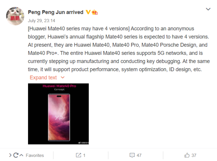 华为传闻将推出新的Mate 40 Pro Plus型号