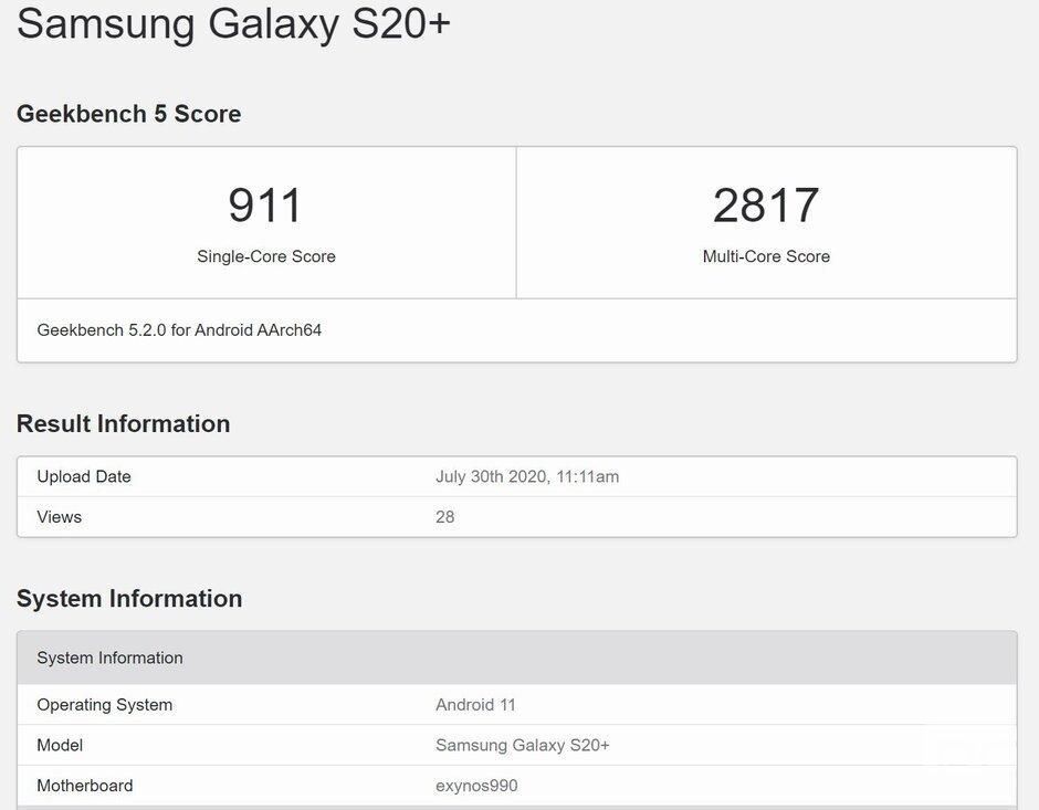 三星Galaxy S20 +出现在运行Android 11的Geekbench上