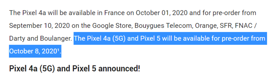 Google Pixel 5，Pixel 4a（5G）的发布日期可能是10月8日
