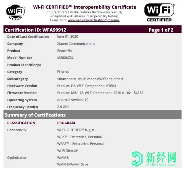 红米 9A印度版本获得Wi-Fi认证；发布似乎迫在眉睫