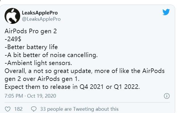 苹果AirPods Pro 2价格和发布日期泄露揭示了一些消息