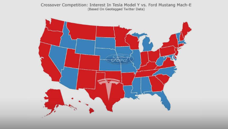 地图显示福特野马Mach-E可能会使特斯拉Y型汽车的生活更艰难