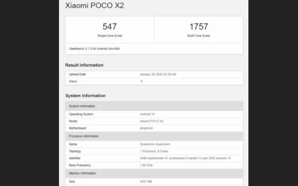 POCO X2 6GB和8GB RAM变体在发布前在Geekbench上列出