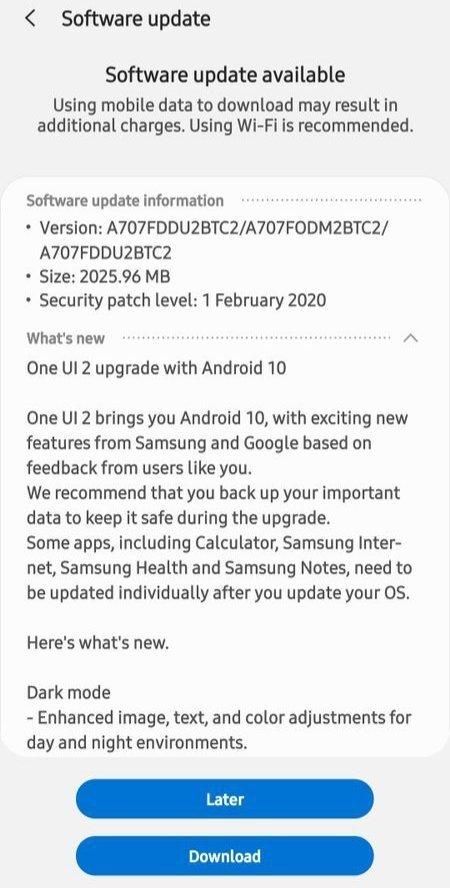 三星Galaxy A70s，Galaxy A6（2018）更新使Android 10带有一个UI 2.0