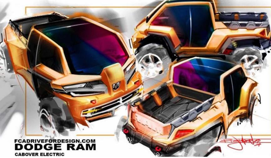 这款渲染的Ram电动皮卡车采用Rad Cab-over设计