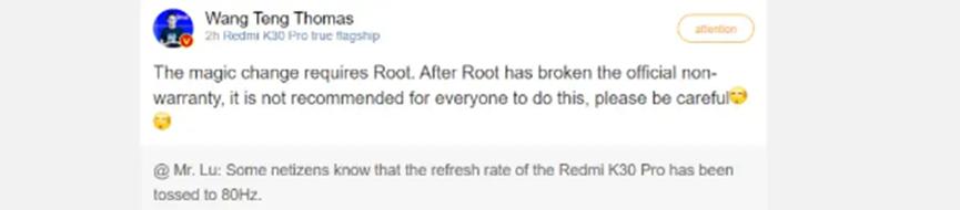 Redmi不建议您将Redmi K30 Pro的刷新率调整到80Hz