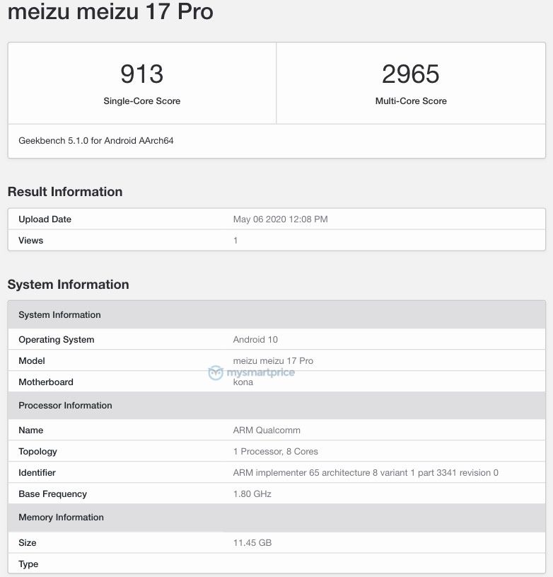 [更新：Meizu 17 Pro Too]出现在带有Snapdragon 865 SoC，8GB RAM的Geekbench上