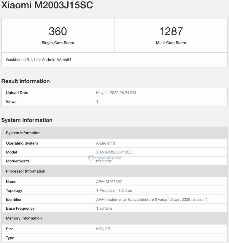 Redmi 10X具有6GB RAM，Android 10已在Geekbench上发现