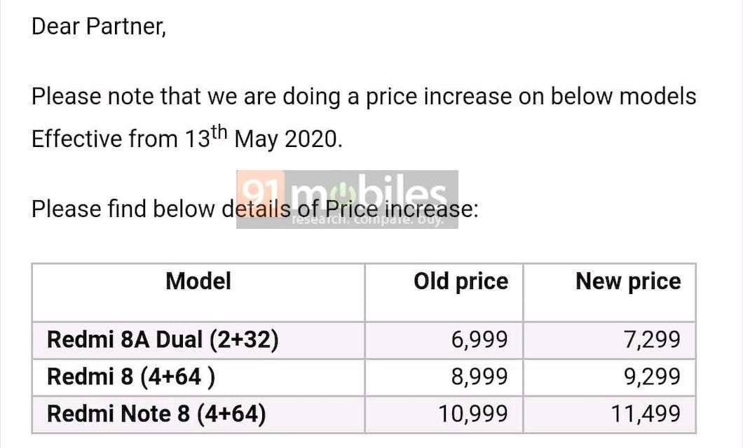 Redmi Note 8，Redmi 8，Redmi 8A印度的双重价格再次上涨了500卢比