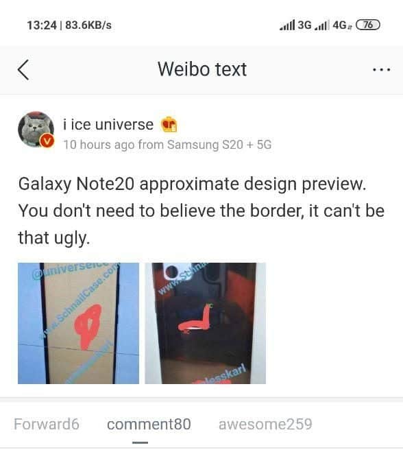 三星GALAXY NOTE 20设计预览曝光