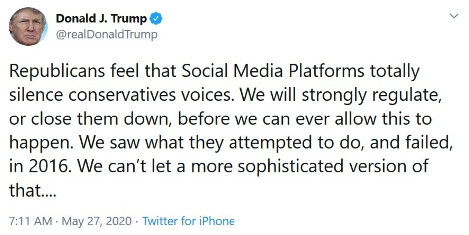 Twitter的事实检查导致特朗普对社交媒体的抨击；总统威胁监管