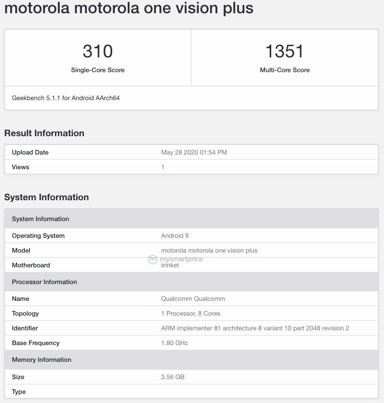 摩托罗拉One Vision Plus Geekbench列表揭示了Snapdragon 665和4 GB RAM规格