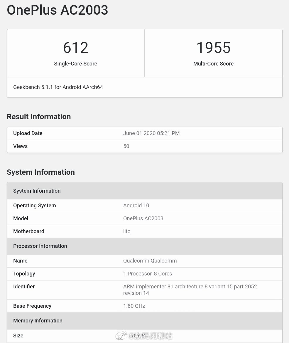 OnePlus Z和Snapdragon 765G出现在Geekbench上