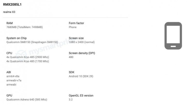 Realme X3出现在Google Play控制台上，揭示了一些规格