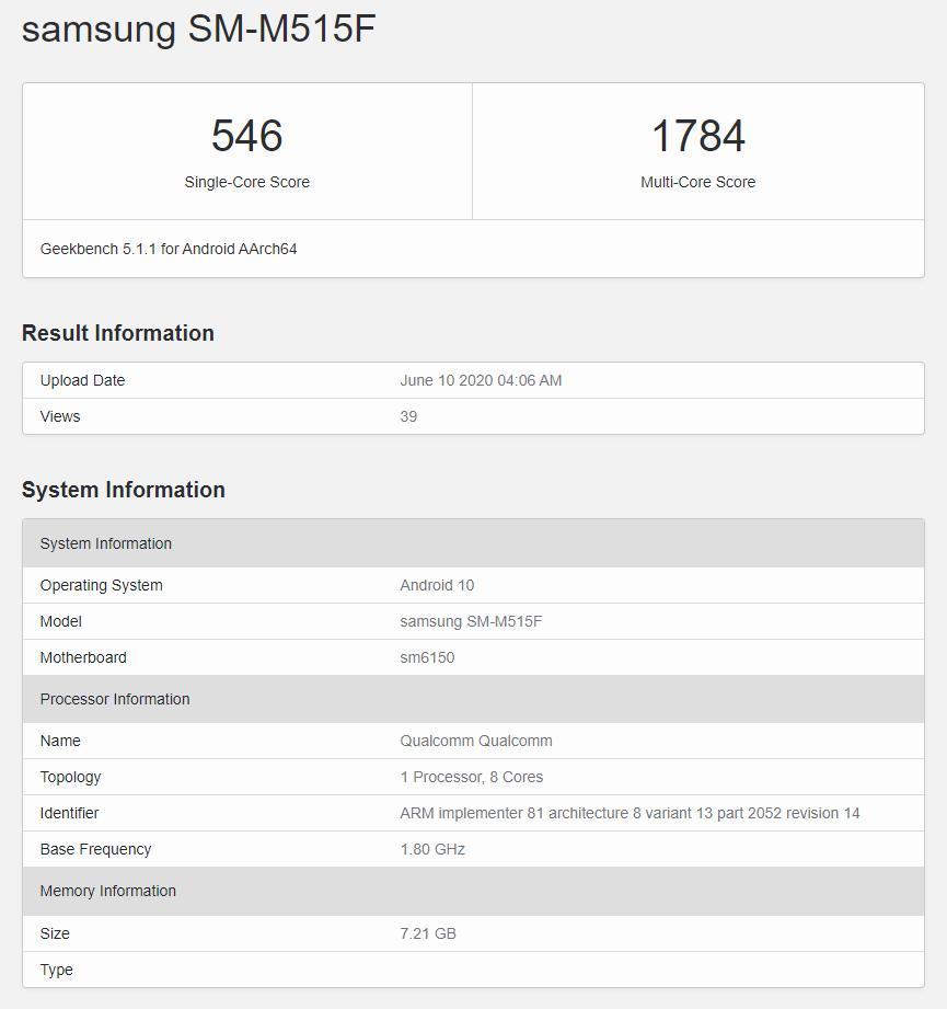 Galaxy M51在Geekbench上以Snapdragon 675和8GB RAM为基准