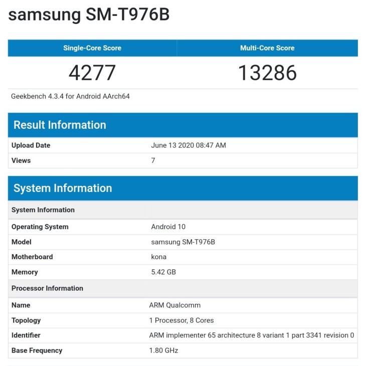 三星Galaxy Tab S7 +在GeekBench上进行了基准测试
