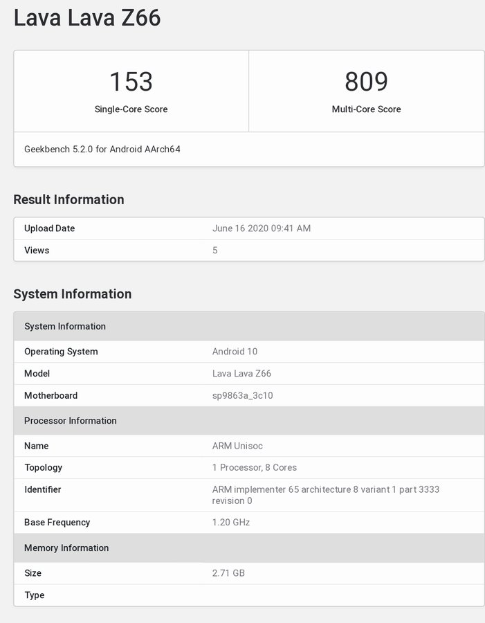 带有Unisoc处理器，3GB RAM和Android 10的Lava Z66出现在Geekbench上