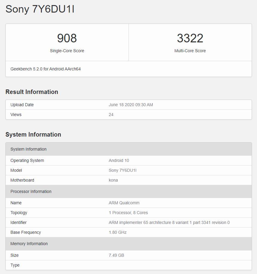 在Geekbench上发现带有Snapdragon 865的神秘索尼7Y6DU1I智能手机