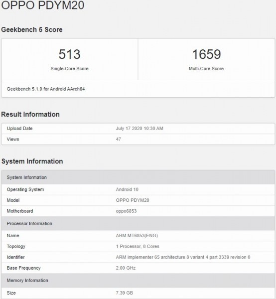 Oppo A72 5G配备8GB RAM，Dimensity 720 SoC达到Geekbench