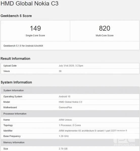 带有Unisoc处理器的诺基亚C3出现在Geekbench