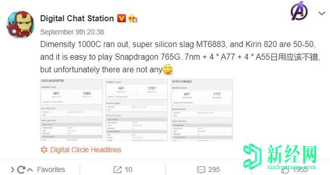 联发科技Dimensity 1000C的性能略高于Snapdragon 765G