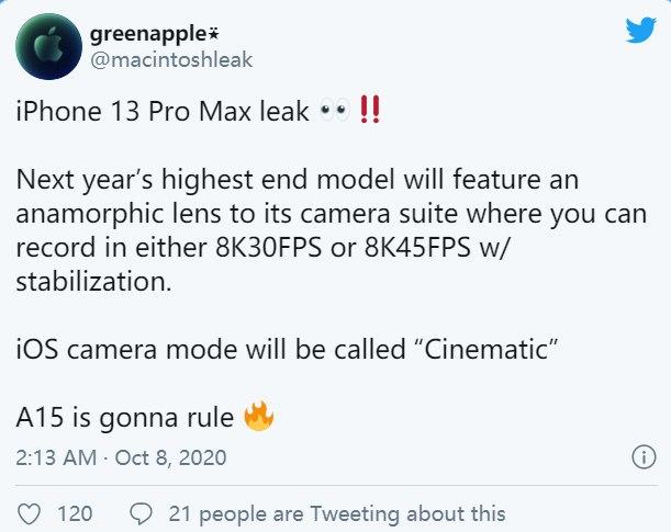 iPhone 13 Pro Max相机升级,可以捕捉高达45FPS的稳定8K视频的变形镜头