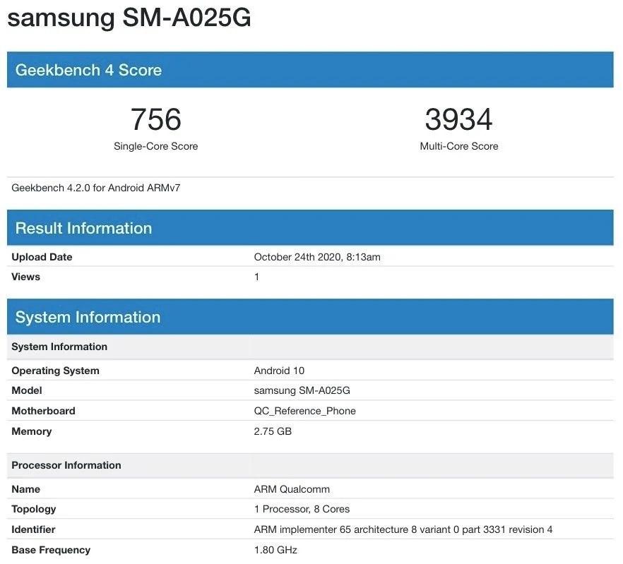 三星Galaxy A02s通过Snapdragon 450访问Geekbench