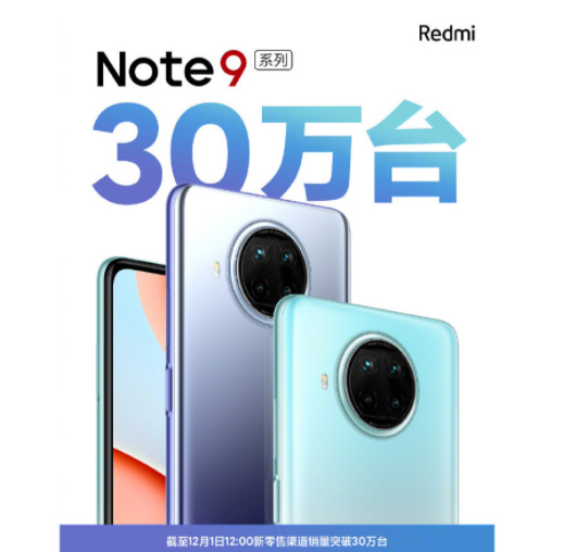 Redmi Note 9的销售在几个小时内就突破了30万的销量