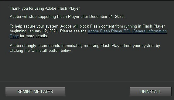 Windows 10开始显示Adobe Flash Player警告