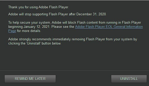 Windows  10开始显示Adobe  Flash  Player警告