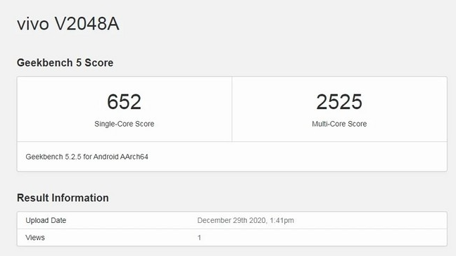 Vivo V2048A在Geekbench上运行Android 11