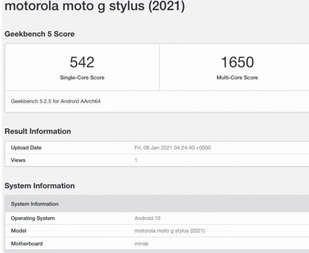 摩托罗拉Moto G Stylus（2021）通过Geekbench基准测试