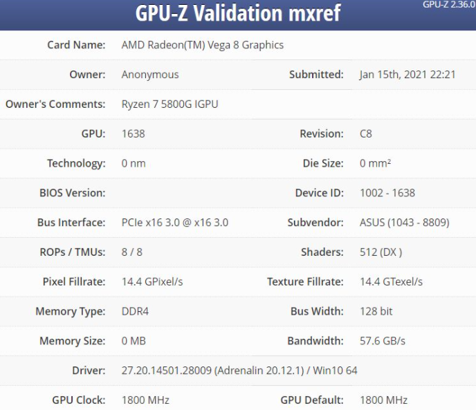 AMD锐龙7 5800G的初步信息显示