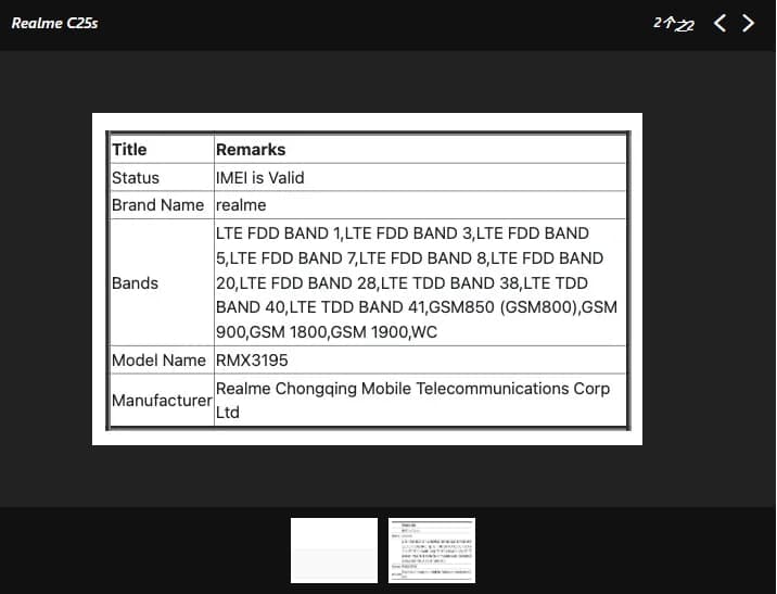 Realme C25s（RMX3195）Moniker获得NBTC认证，印度有望在IMEI数据库中出现后不久推出