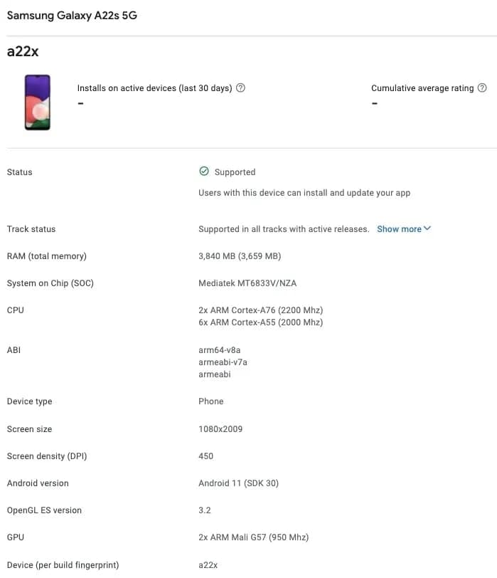 带有MediaTek Dimensity 700 SoC的Samsung Galaxy A22s 5G出现在Google Play控制台和支持的设备列表中