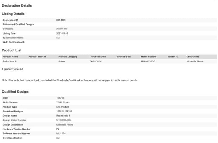 带MIUI 12的Redmi  Note 8(2021)即将发布，已通过蓝牙SIG认证