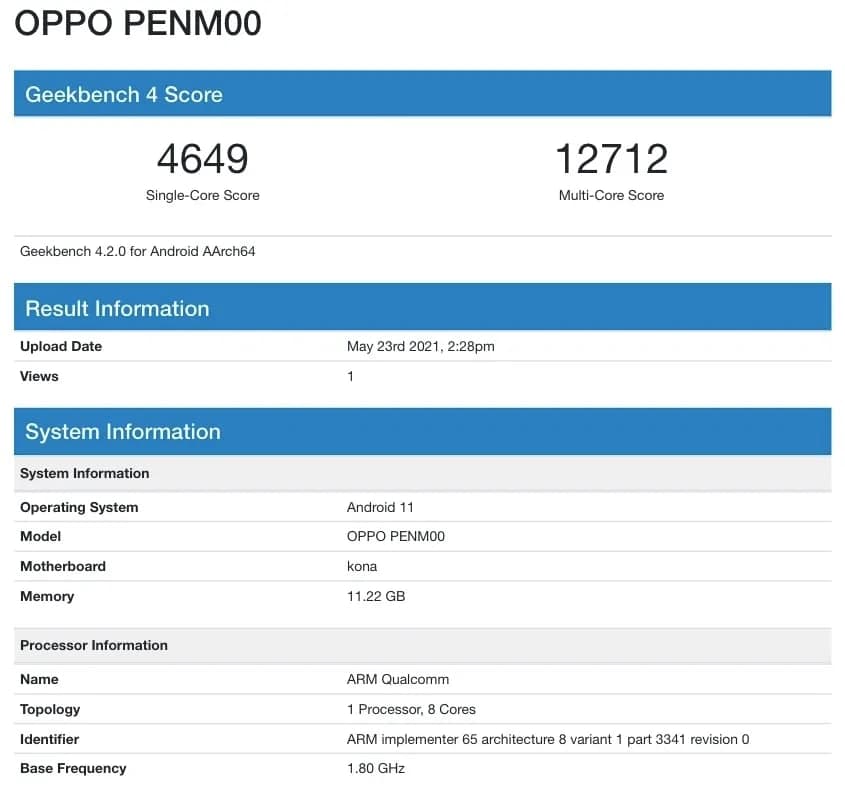 OPPO Reno6 Pro出现在Geekbench上，透露了5月27日发布前的主要规格